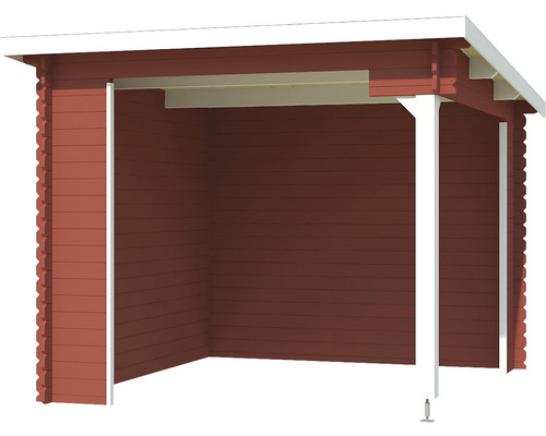 Holzunterstand mit roter Holzverkleidung und weißem Dach
