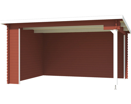 Holzunterstand mit roter Holzverkleidung