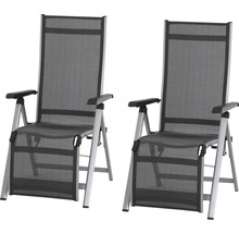 Zwei verstellbare Gartenstühle mit Armlehnen und Textilbespannung