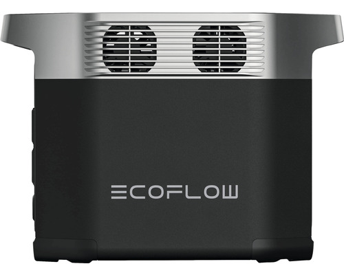 EcoFlow Logo auf einer schwarzen Powerstation mit silberfarbenen Lüftern.