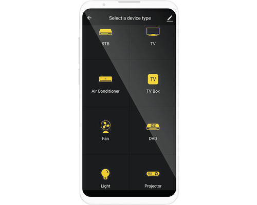 Smartphone-Display mit Auswahl verschiedener Gerätetypen wie STB, Fernseher, Klimaanlage, TV Box, Ventilator, DVD Player, Licht und Projektor