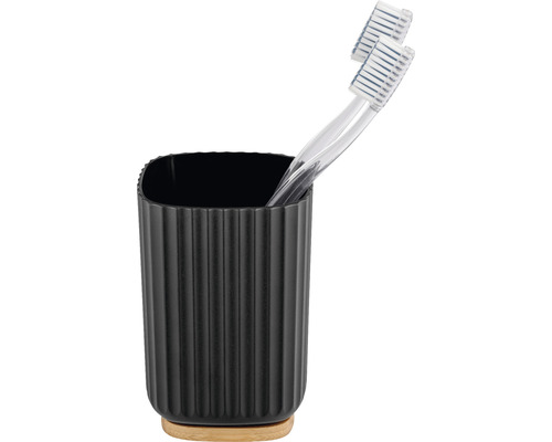 Zahnbürstenhalter aus Keramik mit Bambusfuß und zwei Zahnbürsten