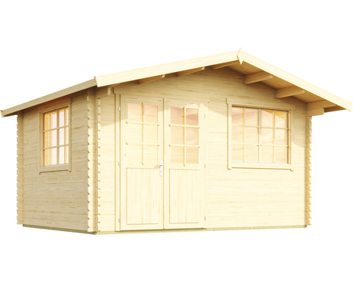 Holzgartenhaus mit Fenstern und Doppeltür