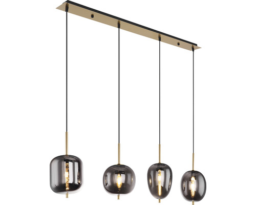 Hängeleuchte mit vier rauchfarbenen Glasschirmen