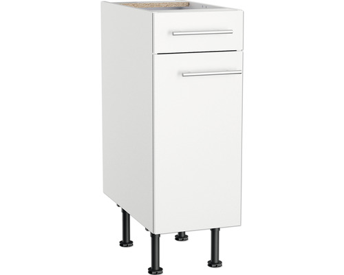 Weißer Unterschrank mit zwei Schubladen und schwarzen Füßen