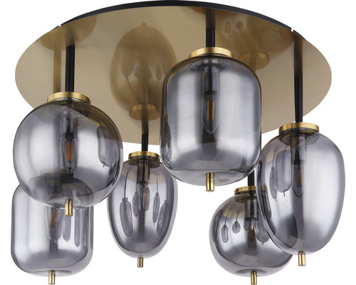 Deckenleuchte mit grauen Glasschirmen und goldenem Baldachin