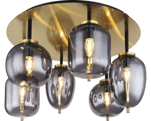 Deckenleuchte mit mehreren grauen Glasschirmen und goldfarbener Deckenhalterung