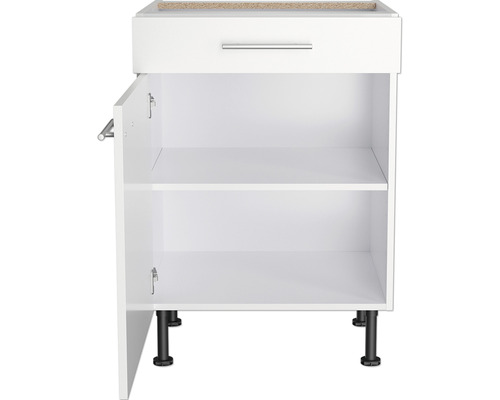 Unterschrank mit Schublade, offener Tür und schwarzem Sockel