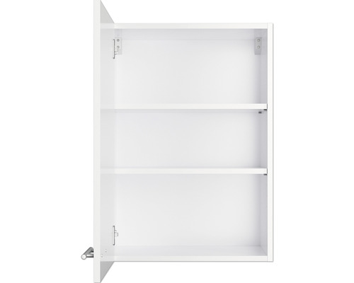 Offener weißer Badezimmerschrank mit Regalböden