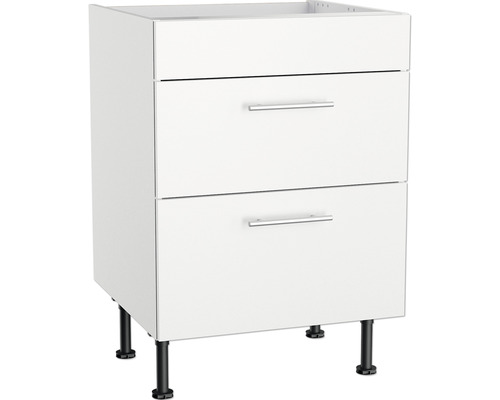 Weißer Unterschrank mit zwei Schubladen und schwarzen Füßen
