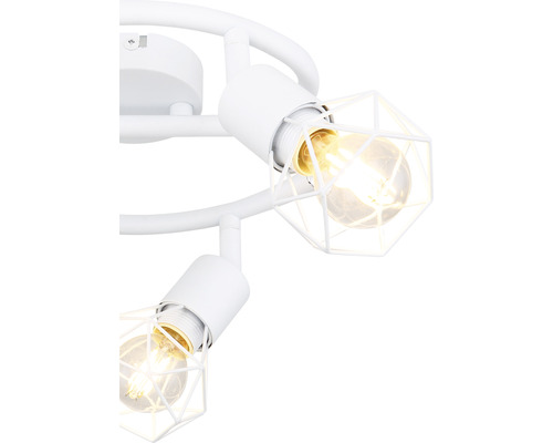 Deckenleuchte mit drei Strahlern und geometrischen Lampenschirmen