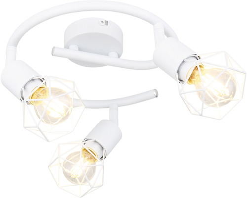 Deckenleuchte mit drei Strahlern und geometrischen Lampenschirmen