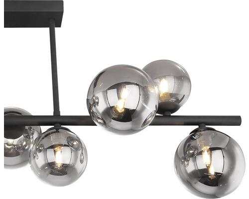 Moderne Pendelleuchte mit fünf kugelförmigen Lampenschirmen aus Glas