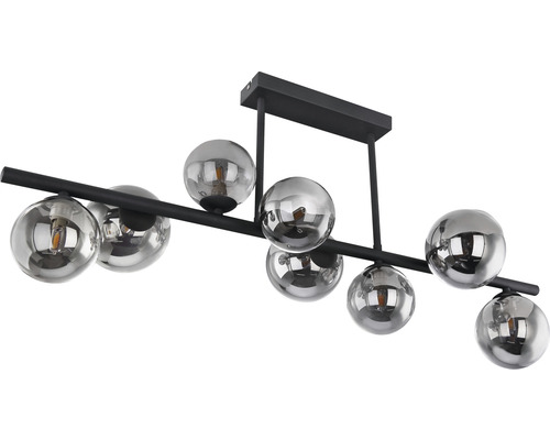 Schwarze Deckenleuchte mit acht kugelförmigen Lampenschirmen