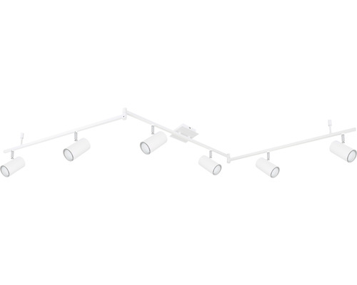 Weiße Strahlerleuchte mit sechs Strahlern zur Deckenmontage.