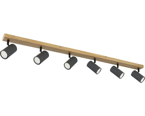 Deckenleuchte mit sieben Spots aus Holz und Metall