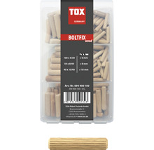 Holzdübel der Marke TOX, verschiedene Größen in einer transparenten Verpackung
