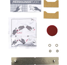 Reinigungstuch, Schleifpapier, Unterlegscheiben und Muttern