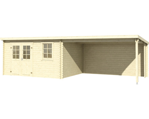 Holzgartenhaus mit Doppeltür, Fenster und überdachtem Außenbereich.