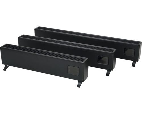 Drei schwarze Konvektoren unterschiedlicher Größe mit Füßen.