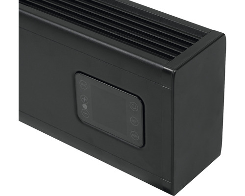 Detailansicht eines schwarzen Heizgeräts mit Bedienelementen