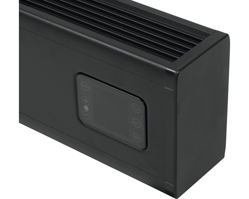 Nahaufnahme eines schwarzen Heizgeräts mit Bedienfeld