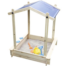 Sandkasten mit Dach aus Holz und Sandspielzeug