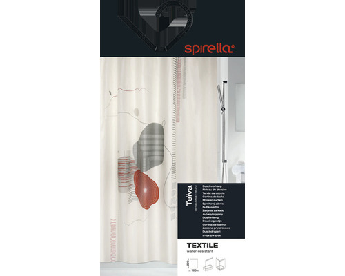 Textil Duschvorhang mit abstraktem Muster und Spiralla Logo