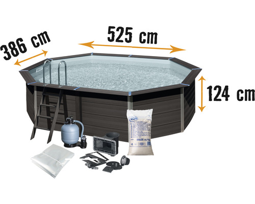 Aufstellpool WPC-Pool-Set Gre oval 525x386x124 cm inkl. Sandfilteranlage, Skimmer, Leiter, Filtersand & Bodenschutzvlies grau