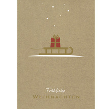 Weihnachtskarte mit Geschenk auf einem Schlitten und dem Schriftzug ''Fröhliche Weihnachten''