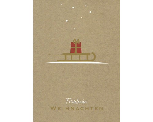 Weihnachtskarte mit Geschenk auf einem Schlitten und dem Schriftzug ''Fröhliche Weihnachten''