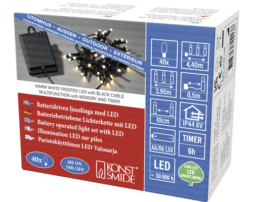 Verpackung einer batteriebetriebenen LED-Lichterkette mit warmweißen LEDs und schwarzem Kabel für den Außenbereich