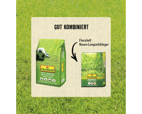 FloraSelf Sport- und Spielrasen kombiniert mit FloraSelf Rasen-Langzeitdünger