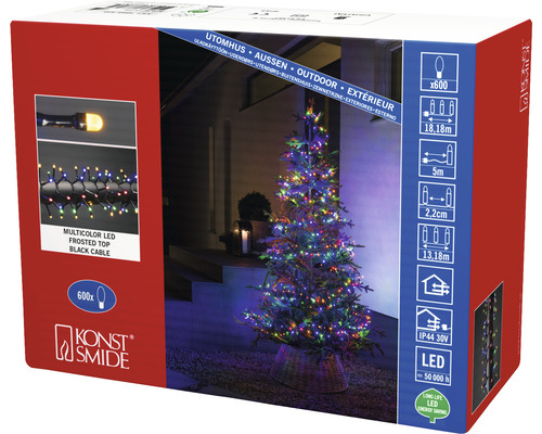 Verpackung einer Lichterkette mit mehrfarbigen LEDs, gefrosteten Spitzen und schwarzem Kabel für den Außenbereich