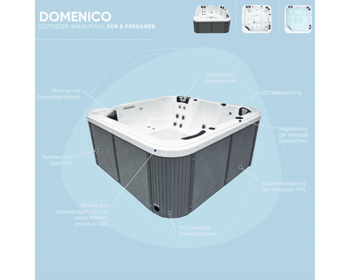 Domenico Outdoor Whirlpool für 5 Personen mit Edelstahlrahmen, Acrylwanne und LED-Beleuchtung