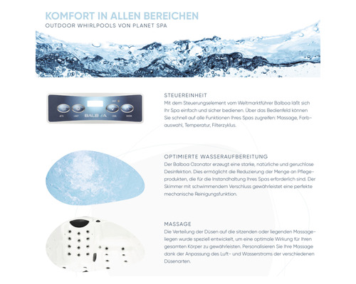 Funktionen eines Planet Spa Outdoor Whirlpools: Steuerungseinheit, optimierte Wasseraufbereitung und Massagefunktion