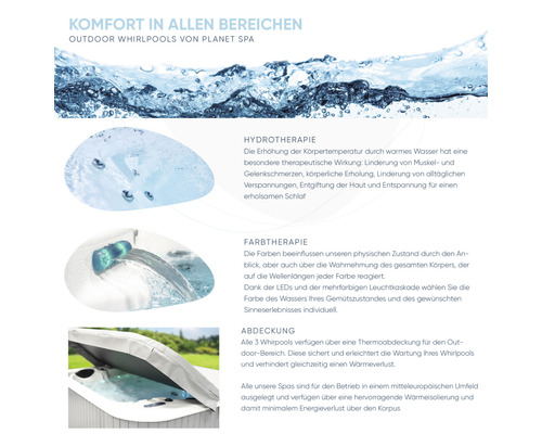 Informationen zu Hydrotherapie, Farbtherapie und Abdeckung von Planet Spa Outdoor Whirlpools