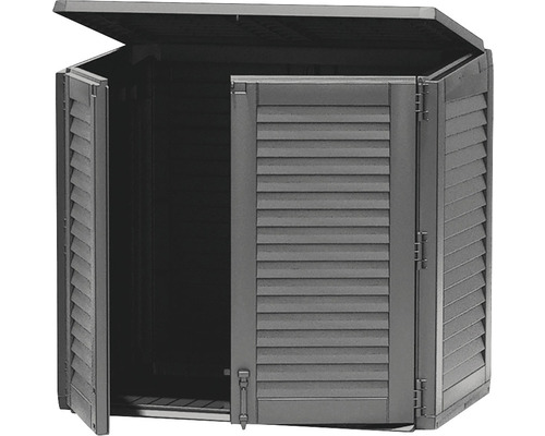 Gartenbox mit Lamellenoptik und geöffneten Türen