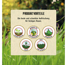 Produktvorteile: Schnelle Keimung, geeignet für alle Rasentypen, pflegeleicht, robust, dicht und sattgrün.