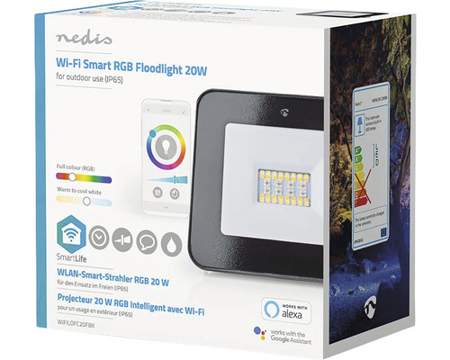 Verpackung eines WLAN Smart RGB Flutlichtstrahlers mit 20 Watt für den Außenbereich von Nedis