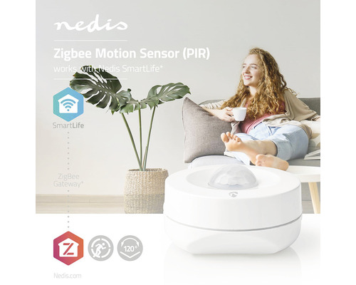 Nedis Zigbee Bewegungssensor (PIR) in einem Wohnraum mit SmartLife Logo