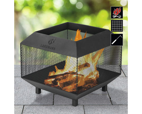 Feuerstelle aus Stahl mit Funkenschutzgitter und Landmann Logo