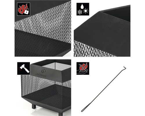 Feuerkorb aus Metall mit Schürhaken und Symbolen