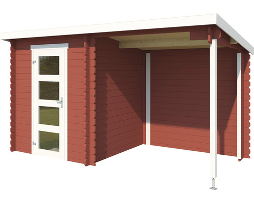 Holzgartenhaus mit überdachtem Bereich und Glastür