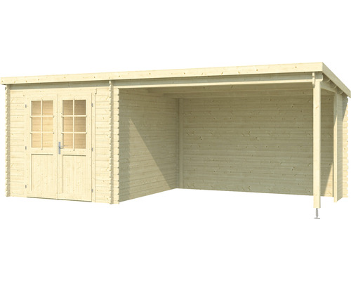 Holzgartenhaus mit Doppeltür und überdachtem Bereich