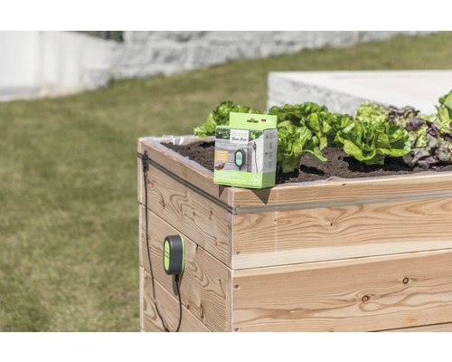 Ansicht eines hölzernen Pflanzkastens mit dem Bodensensor zur Messung der Bodenfeuchte.