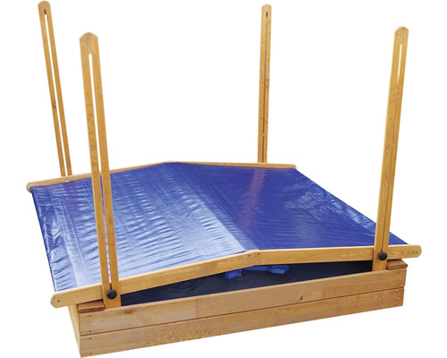 Sandkasten aus Holz mit blauer Abdeckung