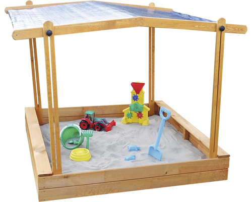 Sandkasten aus Holz mit Dach und Spielzeug