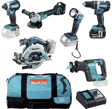 Werkzeugset mit Akku-Bohrhammer, Winkelschleifer, Lampe, Akku-Kreissäge, Stichsäge, Säbelsäge, Ladegerät und Werkzeugtasche