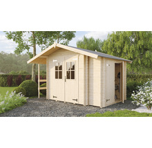 Gartenhaus aus Holz mit Doppeltür und Vordach im Garten